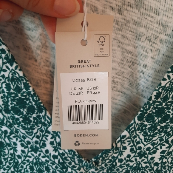 🛍 NWT Boden V-neck Jersey Mini Dress dark green white print D0555 BGR size 12 - Picture 7 of 10